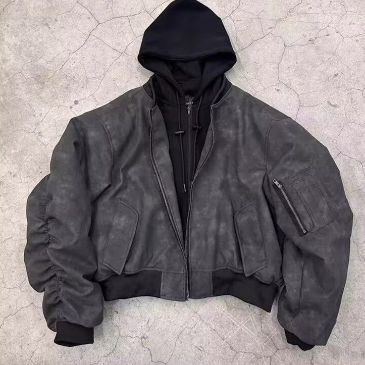 Mens Faux Two-piece Leather Jacket Cotton-padded Flight Jacket - RALO COLLECTION STUDIO