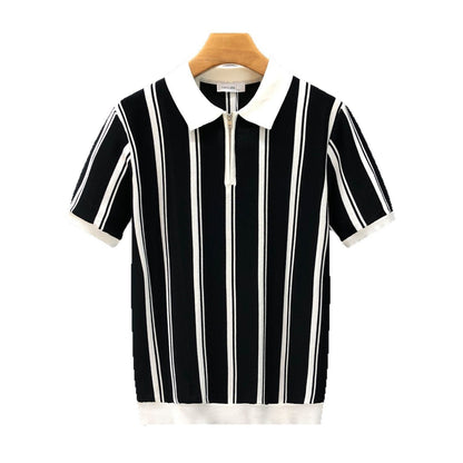 Mens Half-Zip Short-Sleeve Striped Polo Shirt - RALO COLLECTION STUDIO