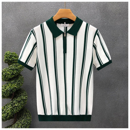 Mens Half-Zip Short-Sleeve Striped Polo Shirt - RALO COLLECTION STUDIO