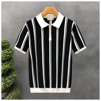 Mens Half-Zip Short-Sleeve Striped Polo Shirt - RALO COLLECTION STUDIO