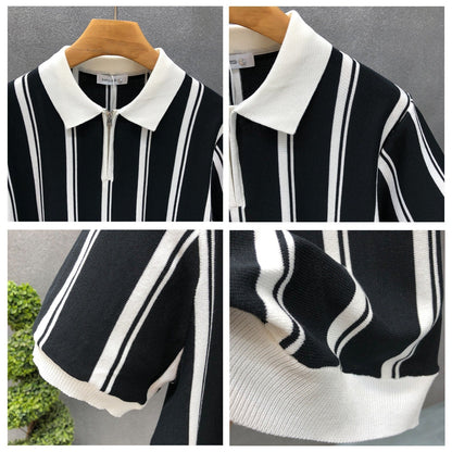 Mens Half-Zip Short-Sleeve Striped Polo Shirt - RALO COLLECTION STUDIO