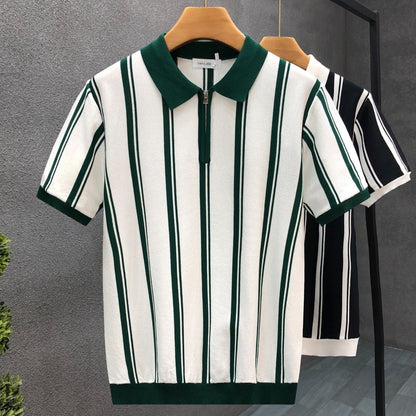 Mens Half-Zip Short-Sleeve Striped Polo Shirt - RALO COLLECTION STUDIO