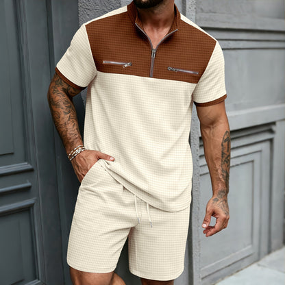 Mens Half-Zip Stand-Neck Short-Sleeve T-Shirt And Shorts Set - RALO COLLECTION STUDIO