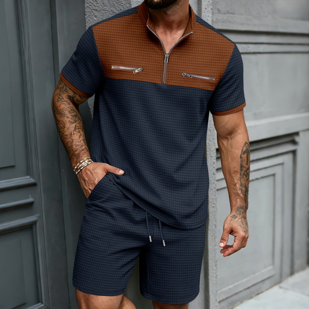 Mens Half-Zip Stand-Neck Short-Sleeve T-Shirt And Shorts Set - RALO COLLECTION STUDIO