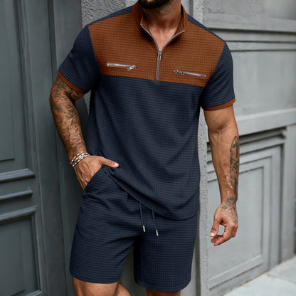 Mens Half-Zip Stand-Neck Short-Sleeve T-Shirt And Shorts Set - RALO COLLECTION STUDIO