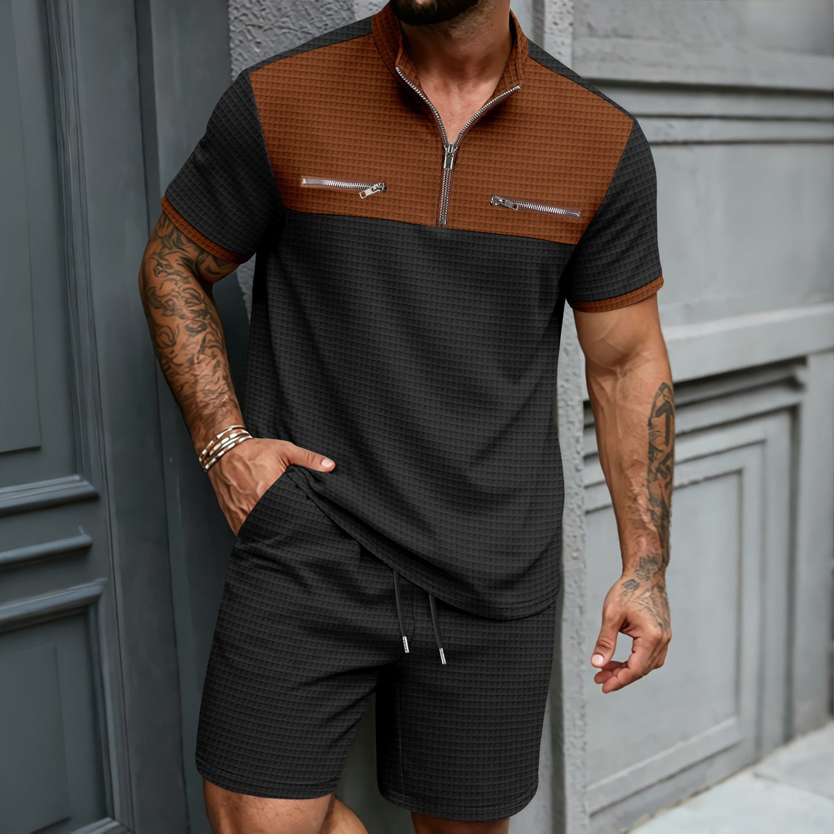 Mens Half-Zip Stand-Neck Short-Sleeve T-Shirt And Shorts Set - RALO COLLECTION STUDIO