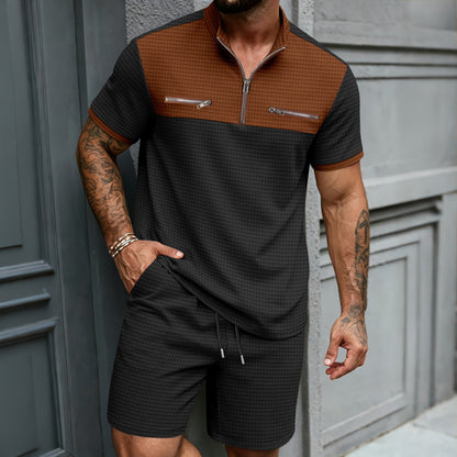 Mens Half-Zip Stand-Neck Short-Sleeve T-Shirt And Shorts Set - RALO COLLECTION STUDIO