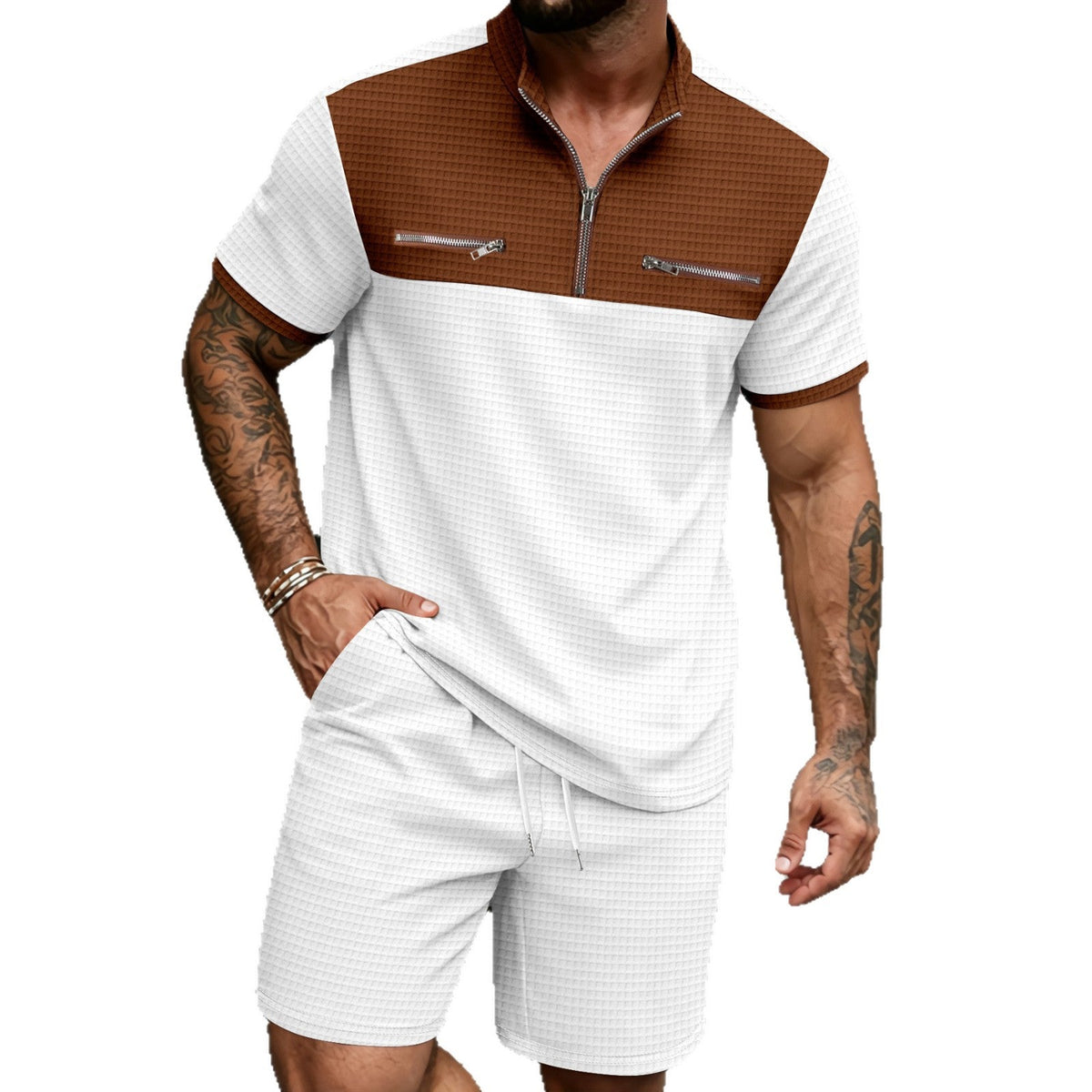 Mens Half-Zip Stand-Neck Short-Sleeve T-Shirt And Shorts Set - RALO COLLECTION STUDIO