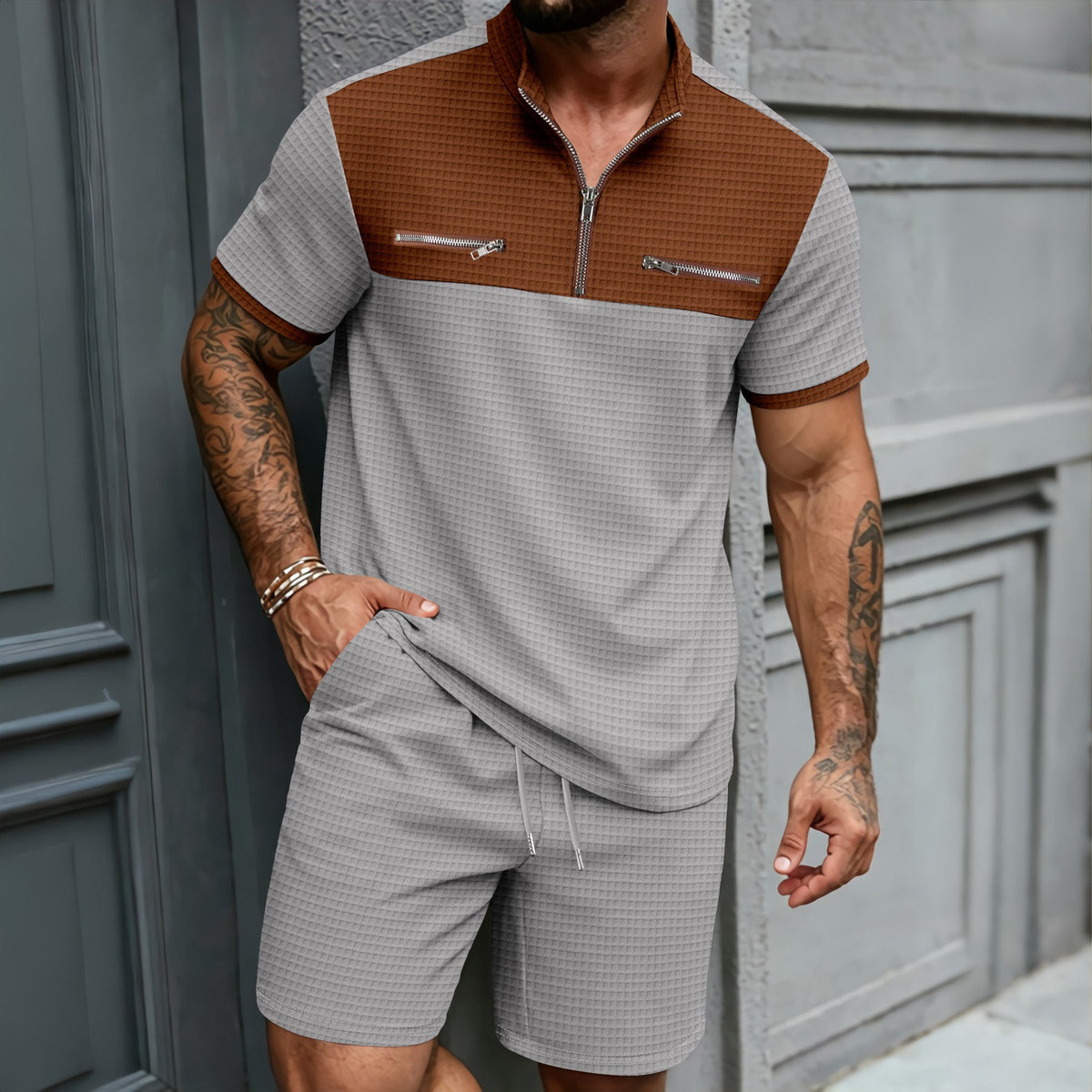 Mens Half-Zip Stand-Neck Short-Sleeve T-Shirt And Shorts Set - RALO COLLECTION STUDIO