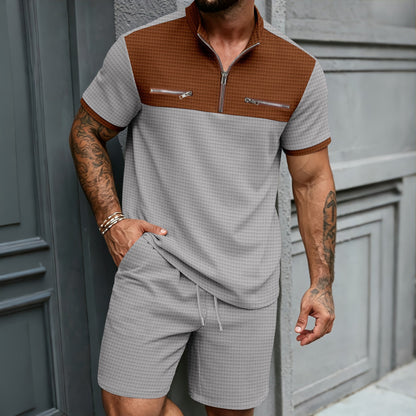 Mens Half-Zip Stand-Neck Short-Sleeve T-Shirt And Shorts Set - RALO COLLECTION STUDIO