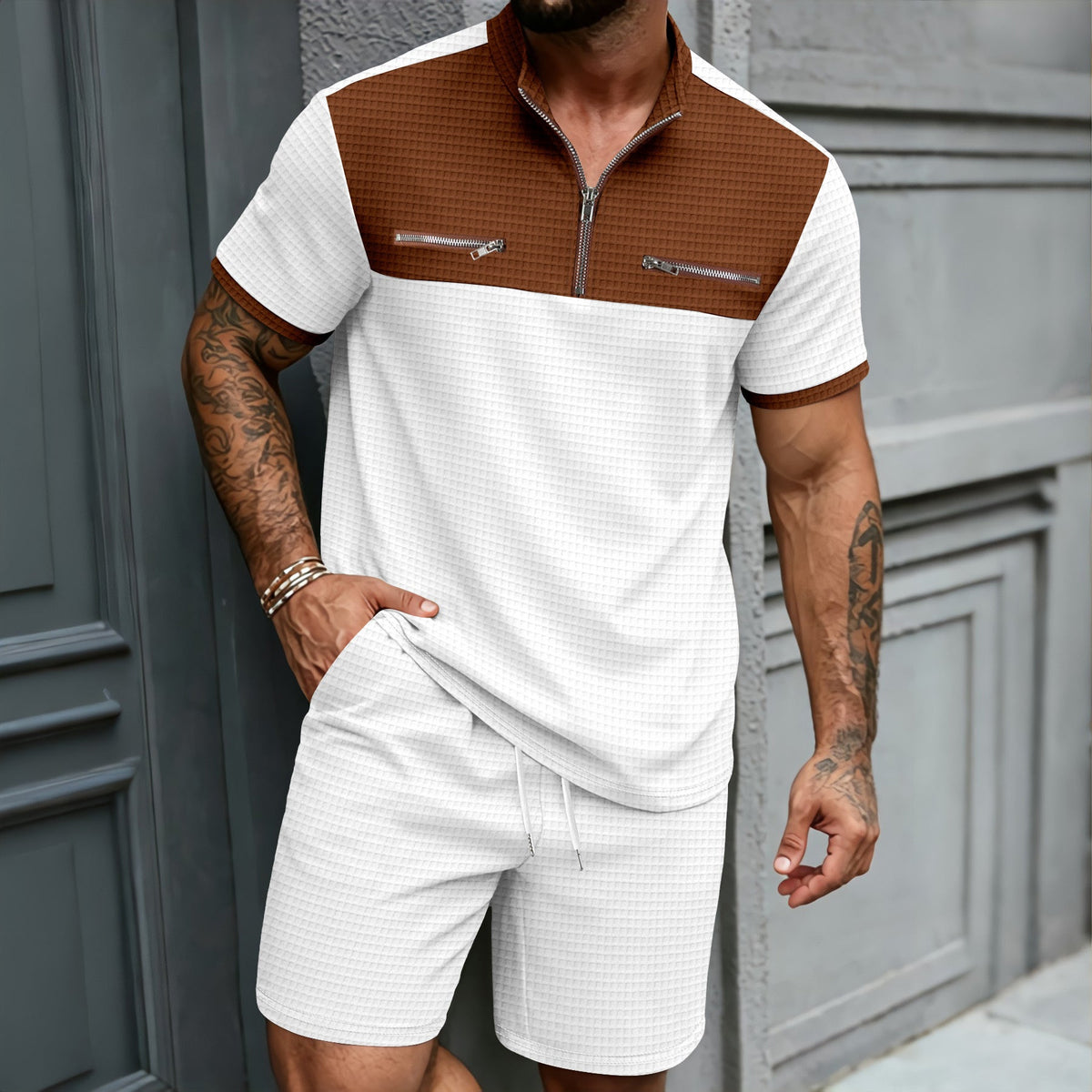 Mens Half-Zip Stand-Neck Short-Sleeve T-Shirt And Shorts Set - RALO COLLECTION STUDIO