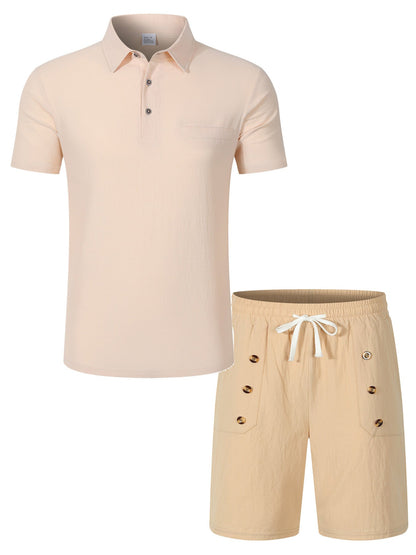Mens Lapel Linen Polo Shirt And Shorts Set - RALO COLLECTION STUDIO