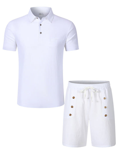 Mens Lapel Linen Polo Shirt And Shorts Set - RALO COLLECTION STUDIO