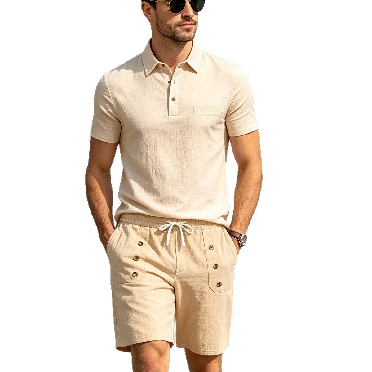 Mens Lapel Linen Polo Shirt And Shorts Set - RALO COLLECTION STUDIO
