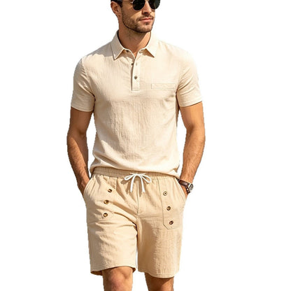 Mens Lapel Linen Polo Shirt And Shorts Set - RALO COLLECTION STUDIO