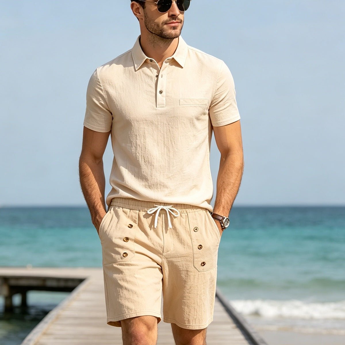 Mens Lapel Linen Polo Shirt And Shorts Set - RALO COLLECTION STUDIO