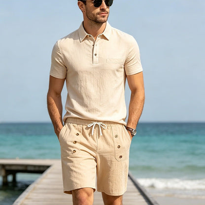 Mens Lapel Linen Polo Shirt And Shorts Set - RALO COLLECTION STUDIO