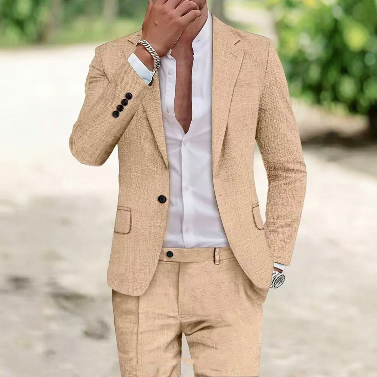 Mens Solid-Color Loose-Fit Versatile Linen Suit Set - RALO COLLECTION STUDIO