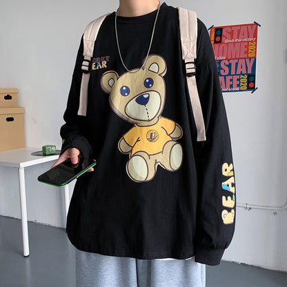 Men's Spring New Hong Kong Style Japanese Cartoon Anime Korean Trend Loose Student Couple Long Sleeve T-Shirt - RALO COLLECTION STUDIO