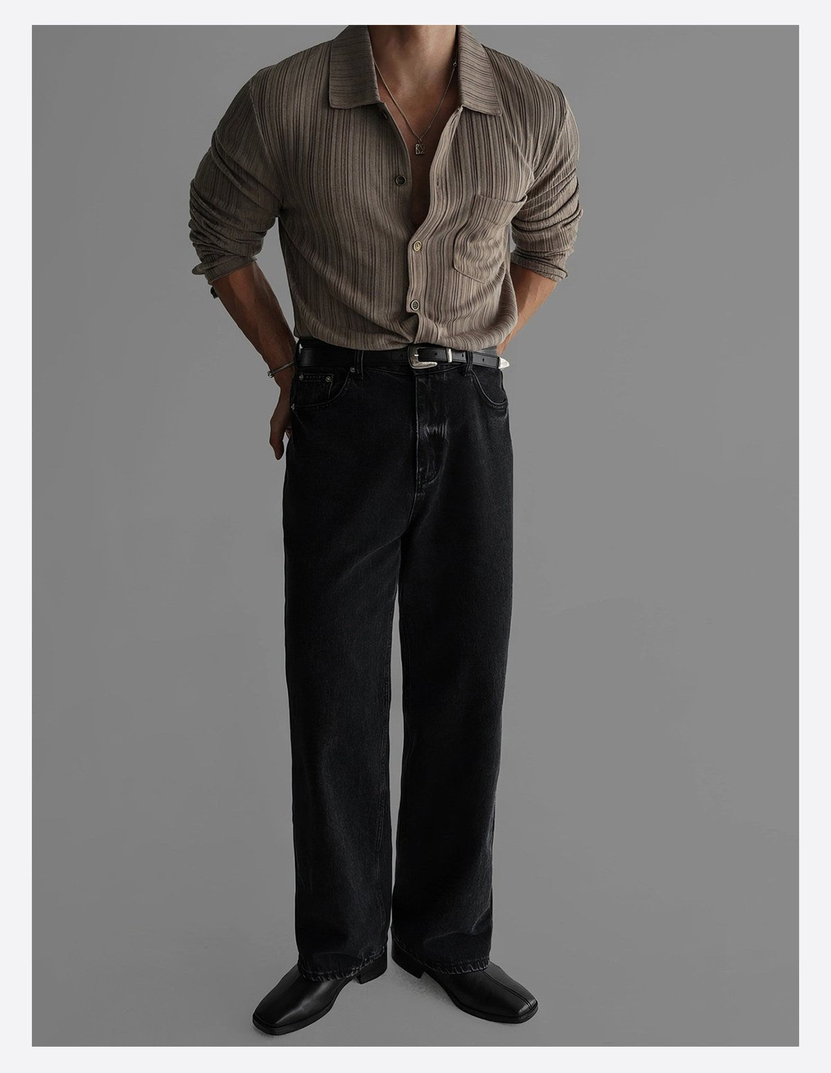 Mens Vertical-Striped Knitted Long-Sleeve Shirt Top - RALO COLLECTION STUDIO