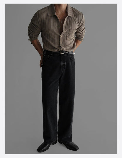 Mens Vertical-Striped Knitted Long-Sleeve Shirt Top - RALO COLLECTION STUDIO