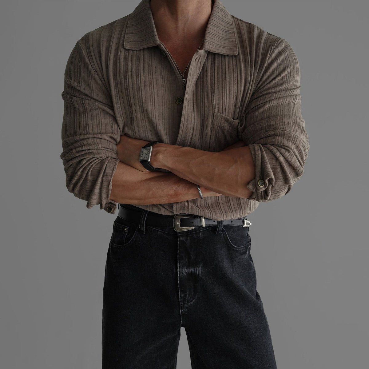 Mens Vertical-Striped Knitted Long-Sleeve Shirt Top - RALO COLLECTION STUDIO