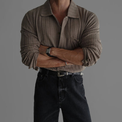 Mens Vertical-Striped Knitted Long-Sleeve Shirt Top - RALO COLLECTION STUDIO