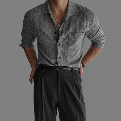 Mens Vertical-Striped Knitted Long-Sleeve Shirt Top - RALO COLLECTION STUDIO