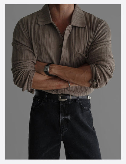 Mens Vertical-Striped Knitted Long-Sleeve Shirt Top - RALO COLLECTION STUDIO