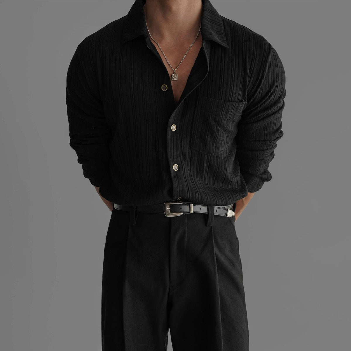 Mens Vertical-Striped Knitted Long-Sleeve Shirt Top - RALO COLLECTION STUDIO