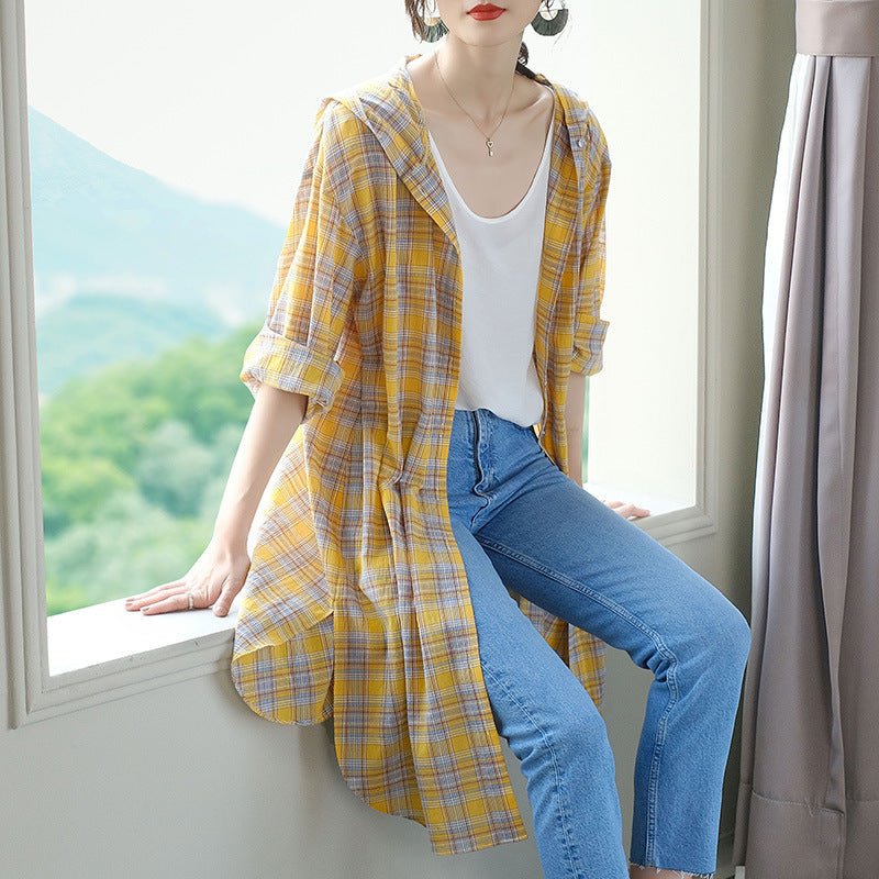 Mid-length Cotton Cardigan Fashion Plaid Loose Sunscreen Shirt - RALO COLLECTION STUDIO