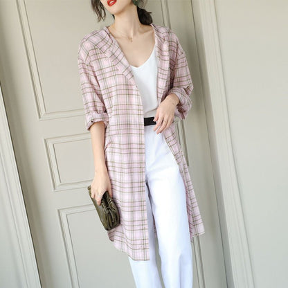 Mid-length Cotton Cardigan Fashion Plaid Loose Sunscreen Shirt - RALO COLLECTION STUDIO