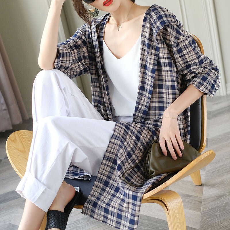 Mid-length Cotton Cardigan Fashion Plaid Loose Sunscreen Shirt - RALO COLLECTION STUDIO