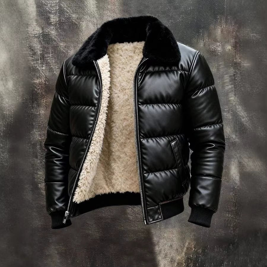 Motorcycle Leather Jacket With A Sheepskin Lapel - RALO COLLECTION STUDIO