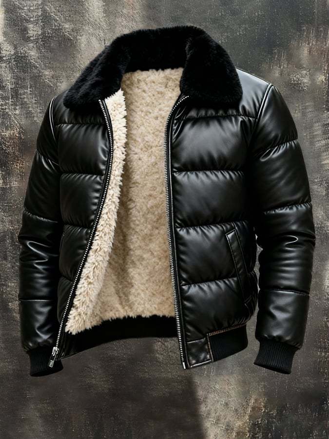 Motorcycle Leather Jacket With A Sheepskin Lapel - RALO COLLECTION STUDIO