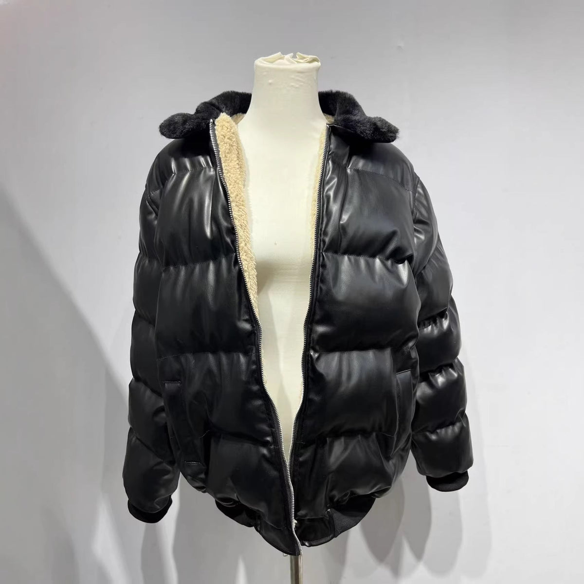 Motorcycle Leather Jacket With A Sheepskin Lapel - RALO COLLECTION STUDIO
