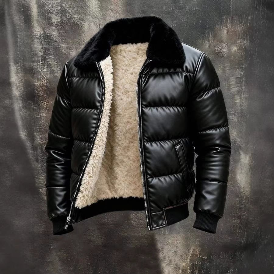 Motorcycle Leather Jacket With A Sheepskin Lapel - RALO COLLECTION STUDIO