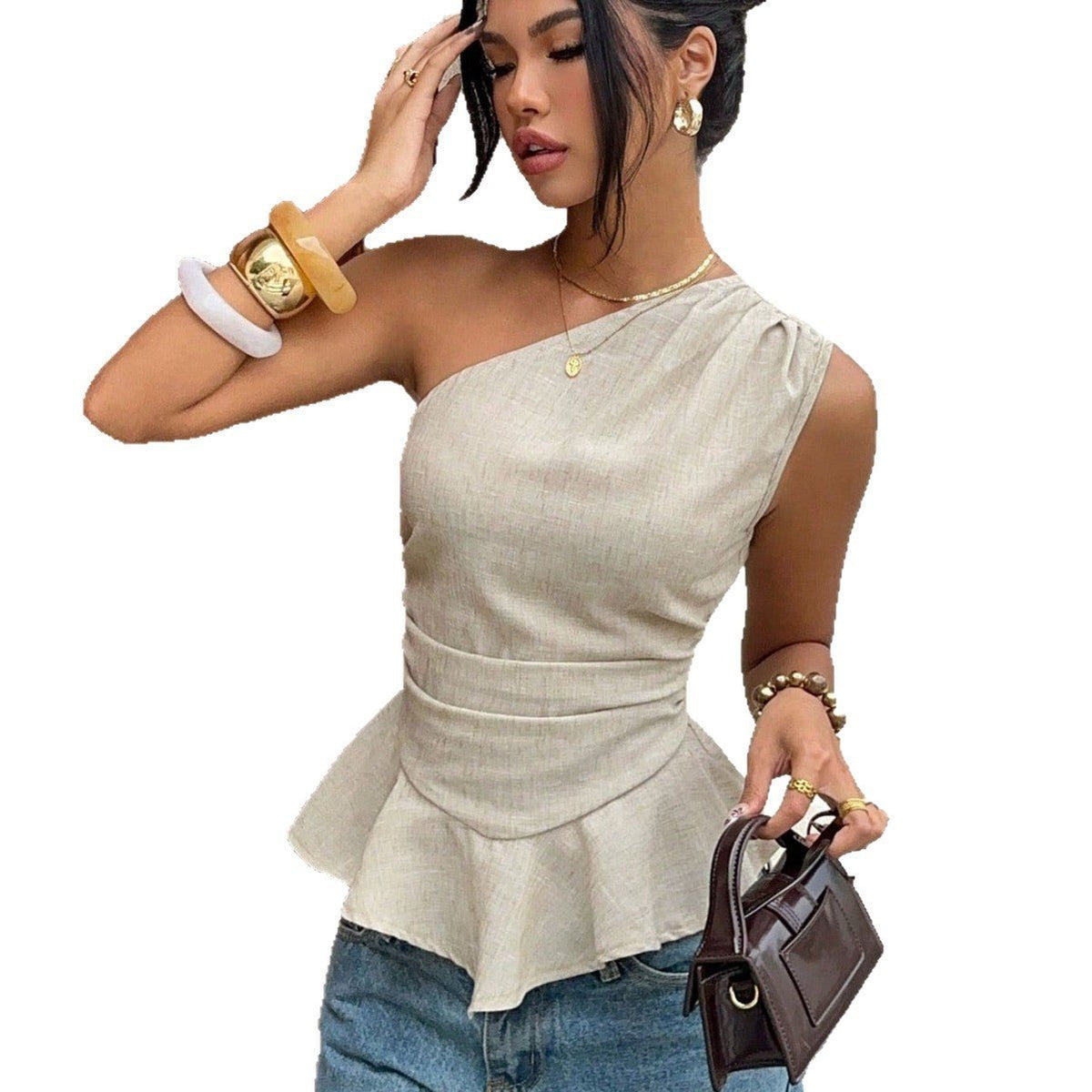 One-Shoulder Pleated Waistline Ruffled Hem Slimming Sleeveless Tank Top - RALO COLLECTION STUDIO