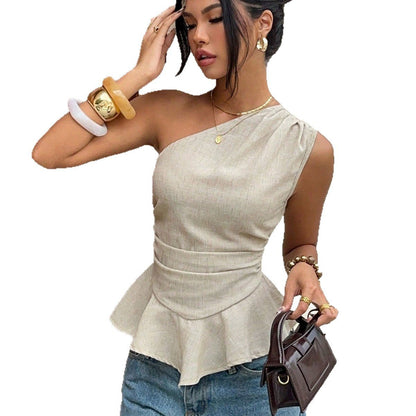 One-Shoulder Pleated Waistline Ruffled Hem Slimming Sleeveless Tank Top - RALO COLLECTION STUDIO