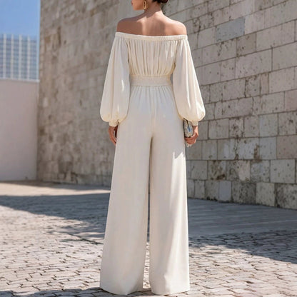 One-shoulder Puff-sleeve Waist-cinching Wide-leg Jumpsuit - RALO COLLECTION STUDIO