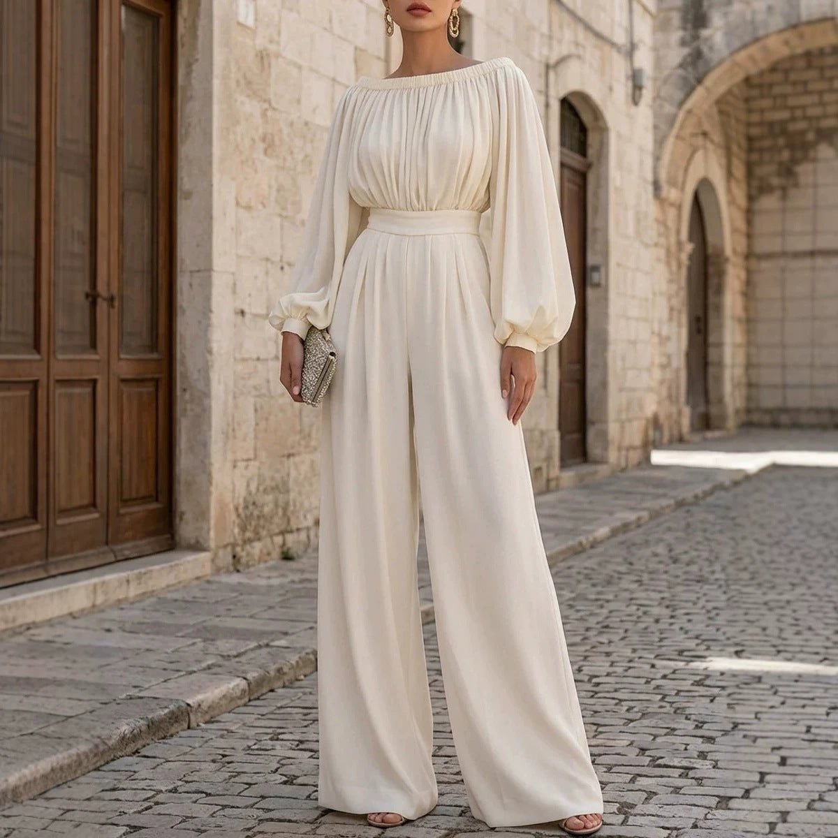 One-shoulder Puff-sleeve Waist-cinching Wide-leg Jumpsuit - RALO COLLECTION STUDIO