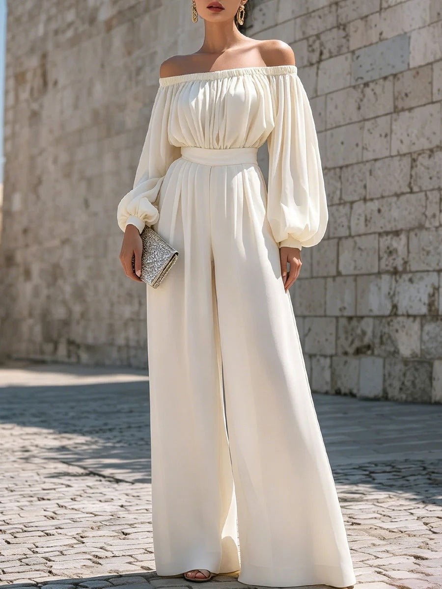 One-shoulder Puff-sleeve Waist-cinching Wide-leg Jumpsuit - RALO COLLECTION STUDIO