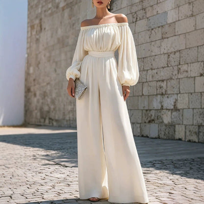 One-shoulder Puff-sleeve Waist-cinching Wide-leg Jumpsuit - RALO COLLECTION STUDIO