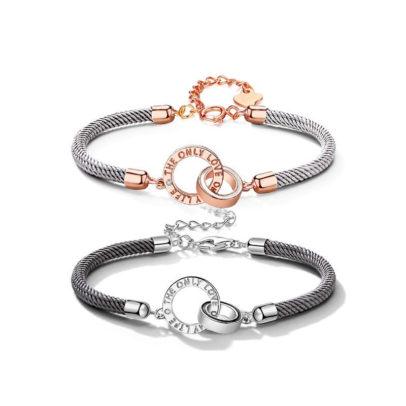 Original design double circle couple hand rope s925 silver bracelet braided rope for men and women a pair of Valentines day gifts - RALO COLLECTION STUDIO