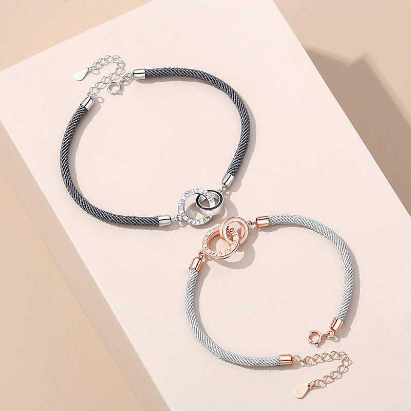 Original design double circle couple hand rope s925 silver bracelet braided rope for men and women a pair of Valentines day gifts - RALO COLLECTION STUDIO