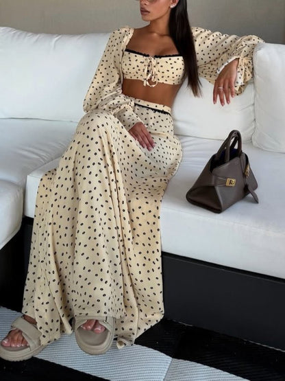 Polka Dot Lace Trim Crop Top & Maxi Skirt Two-Piece Dress Set - RALO COLLECTION STUDIO