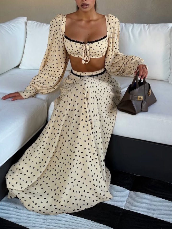 Polka Dot Lace Trim Crop Top & Maxi Skirt Two-Piece Dress Set - RALO COLLECTION STUDIO