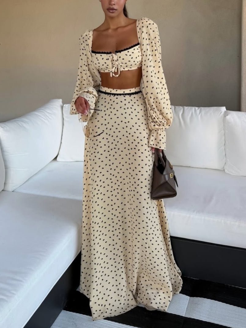 Polka Dot Lace Trim Crop Top & Maxi Skirt Two-Piece Dress Set - RALO COLLECTION STUDIO