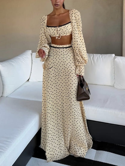 Polka Dot Lace Trim Crop Top & Maxi Skirt Two-Piece Dress Set - RALO COLLECTION STUDIO