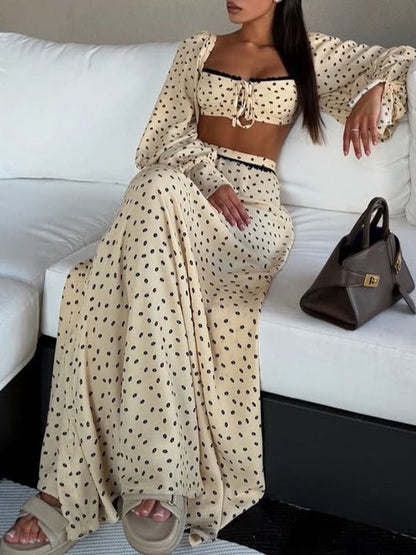 Polka Dot Lace Trim Crop Top & Maxi Skirt Two-Piece Dress Set - RALO COLLECTION STUDIO